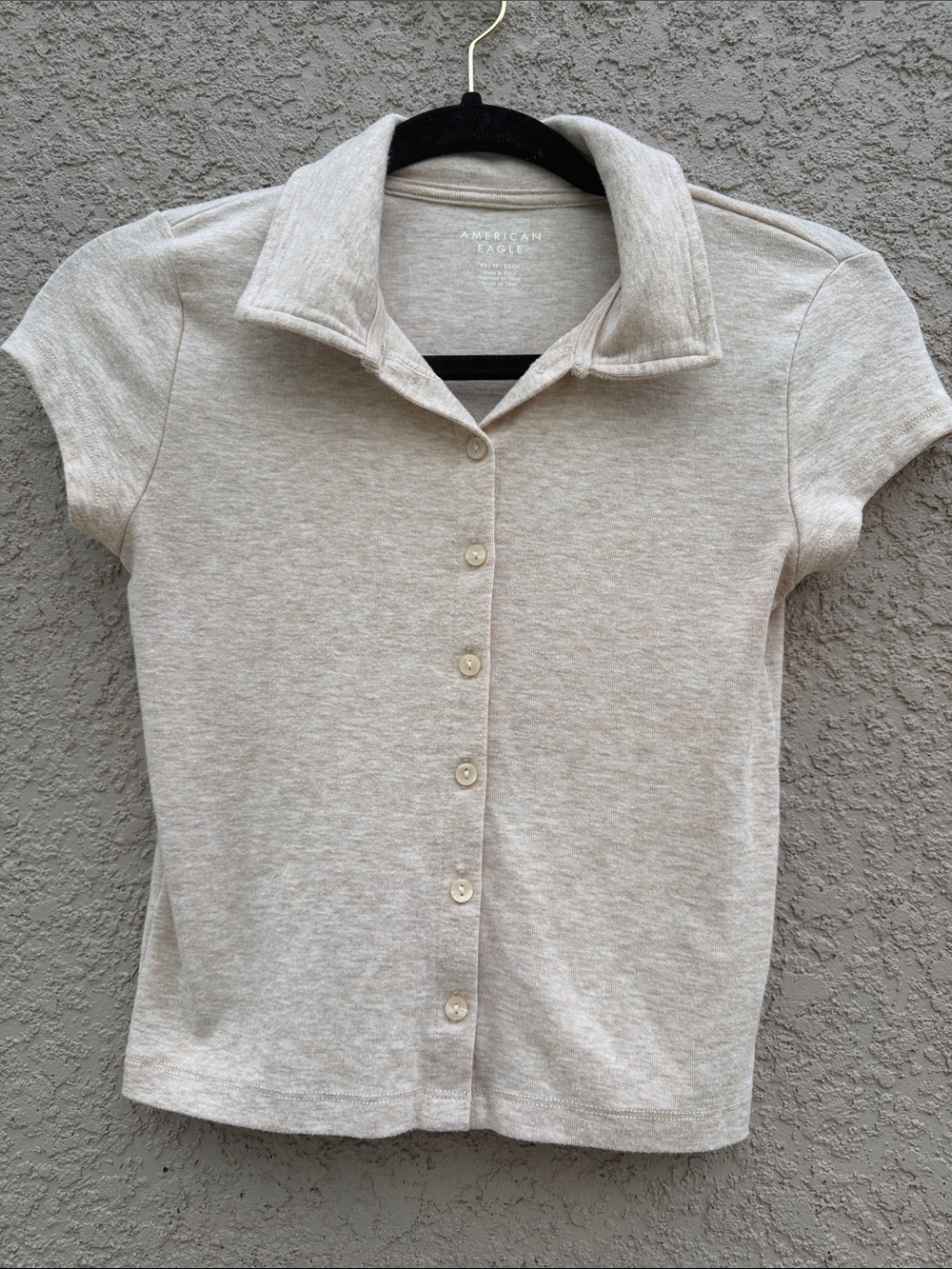 American Eagle Outfitters Beige Short-Sleeve Button Front Polo